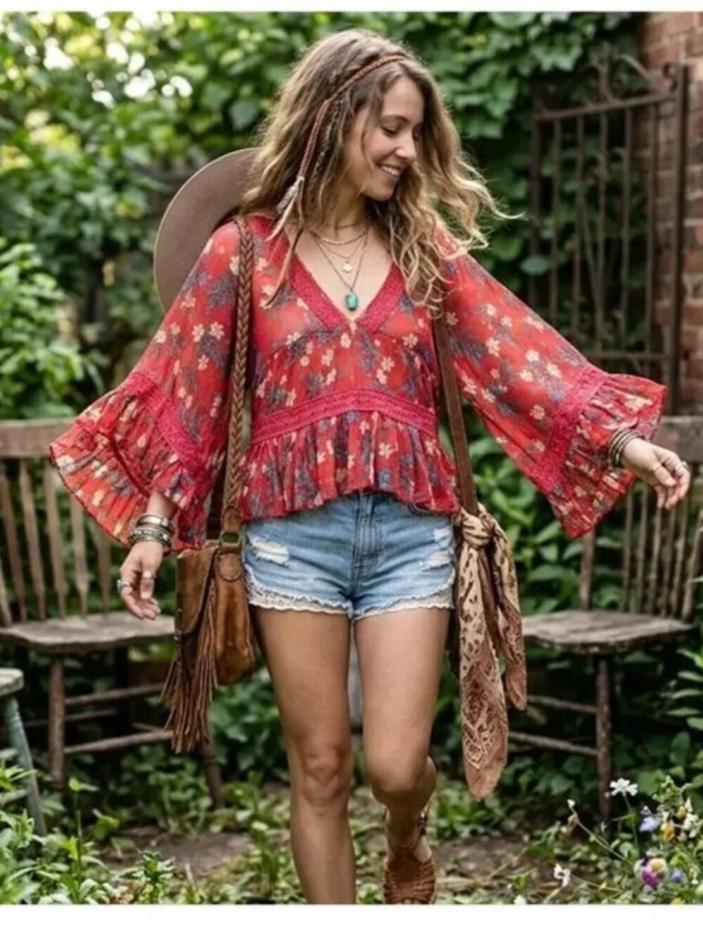 Women's Free People Red Floral Boho Blouse with Bell Sleeves Size M is NWT